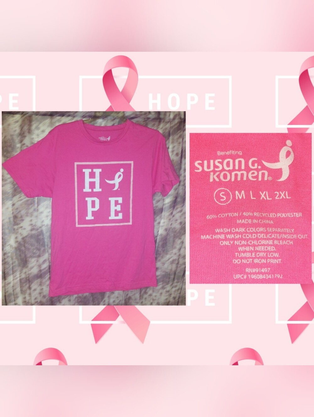 Susan G. Komen Hot Pink/Lt Pink/Wht Breast Cancer Awareness 'Hope' Knit Tee Sz S
